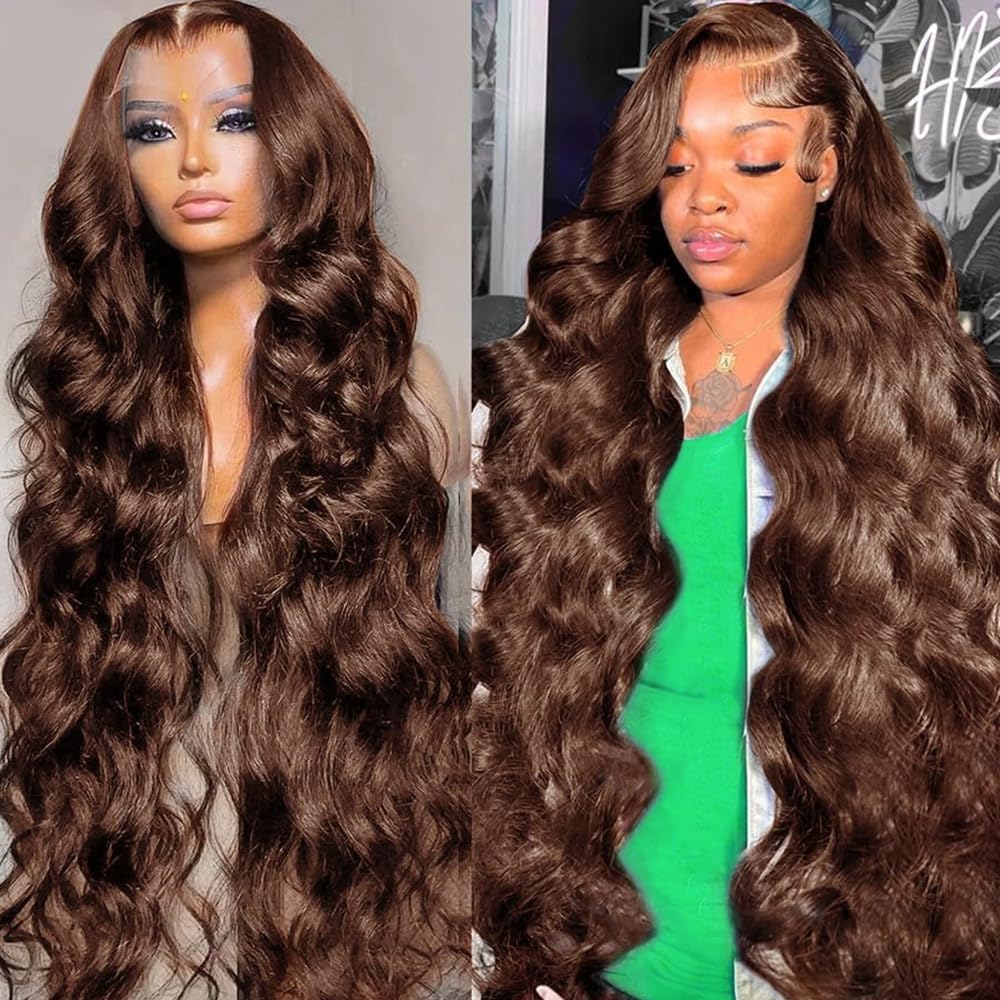 Chocolate Brown 13x4 Lace Front Wig Human Hair Color 4 Body Wave Density-0