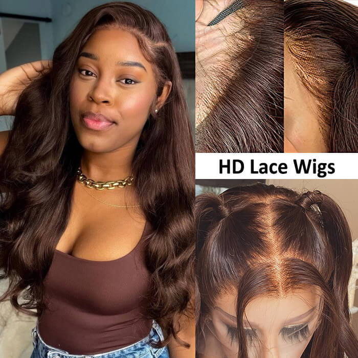 4x4 Lace Human Hair Wig Chocolate Brown Body Wave, Density-0