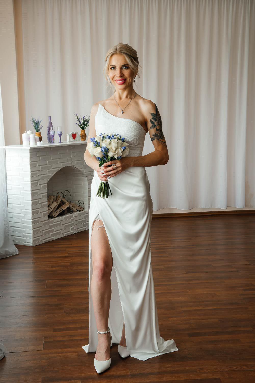 off the shoulder white wedding dress