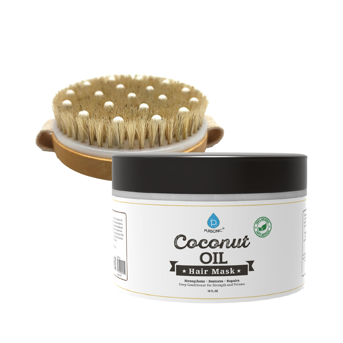Hair Care and Massage Bundle: Bath Brush and Rubber Massager with Lotus wooden handle + 100% Natural Coconut Oil Hair Mask 10 Oz-0