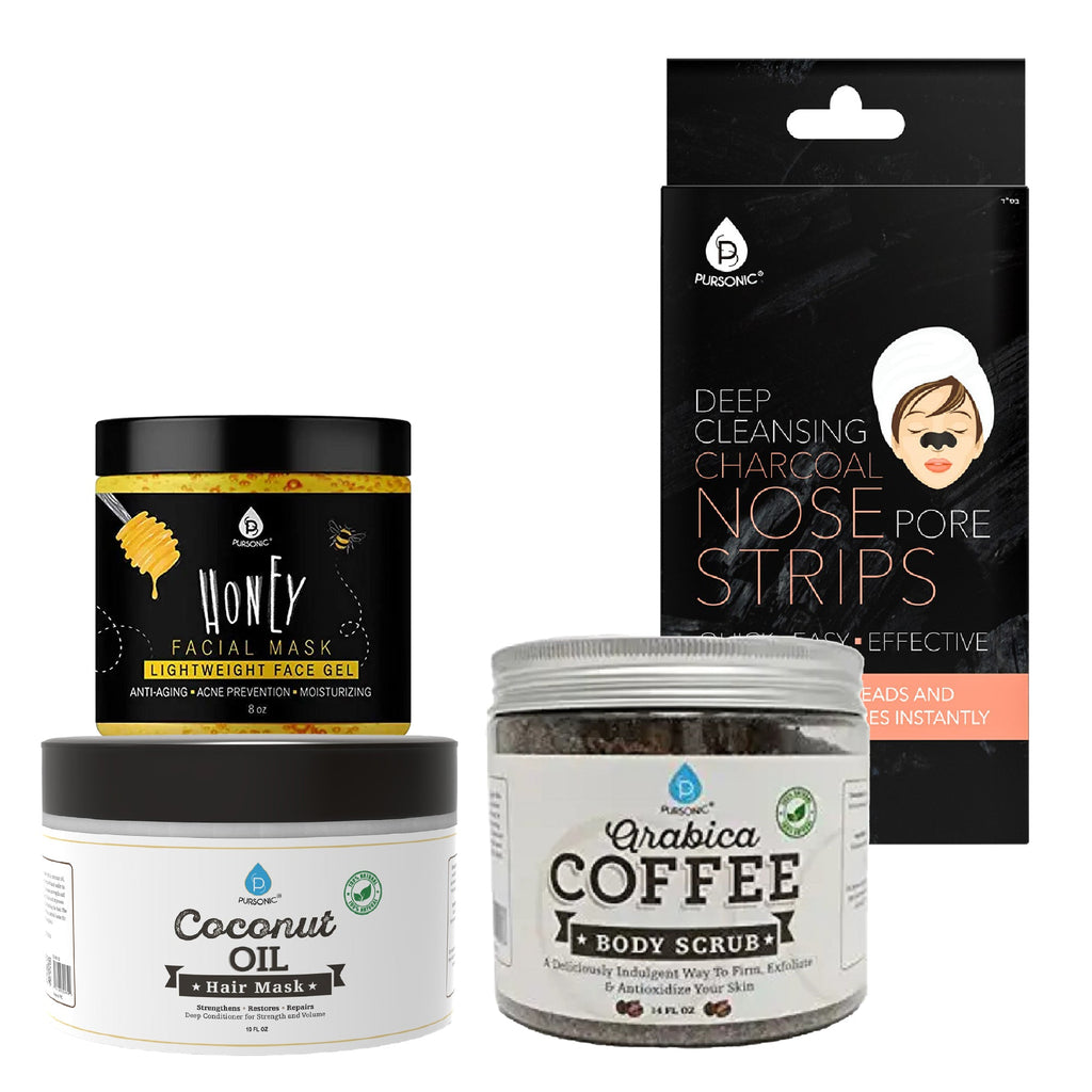 Pursonic Pamper & Glow Gift Bundle (6 pack Deep Cleansing Charcoal Nose Pore Strip, 100% Natural Arabica Coffee Body Scrub 14 Oz, 100% Natural Coconut Oil Hair Mask 10 Oz and Honey Facial Mask 8 Oz)-0