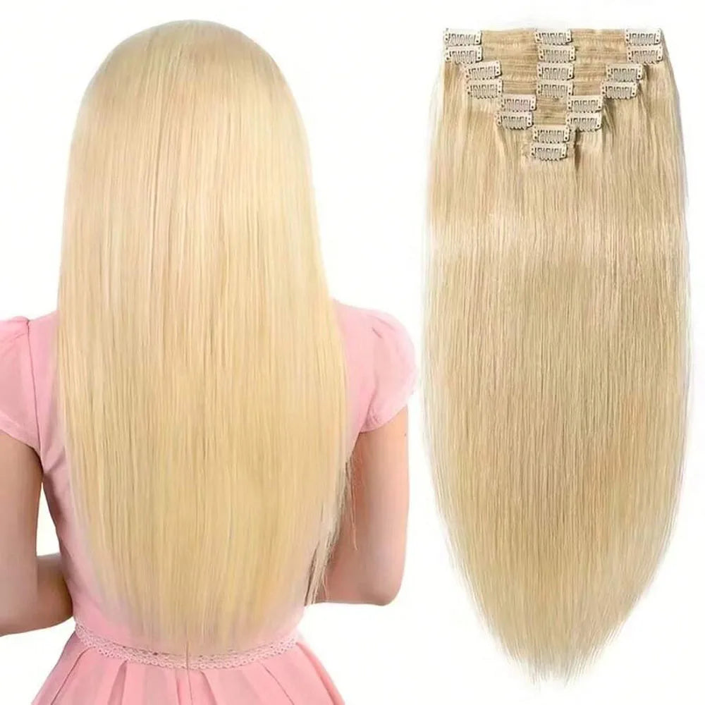8pcs Clip In Hair Extensions Real Human Hair Clip Ins Human Hair Extension With 18 Clips Double Weft For Women Blonde Color #613-1