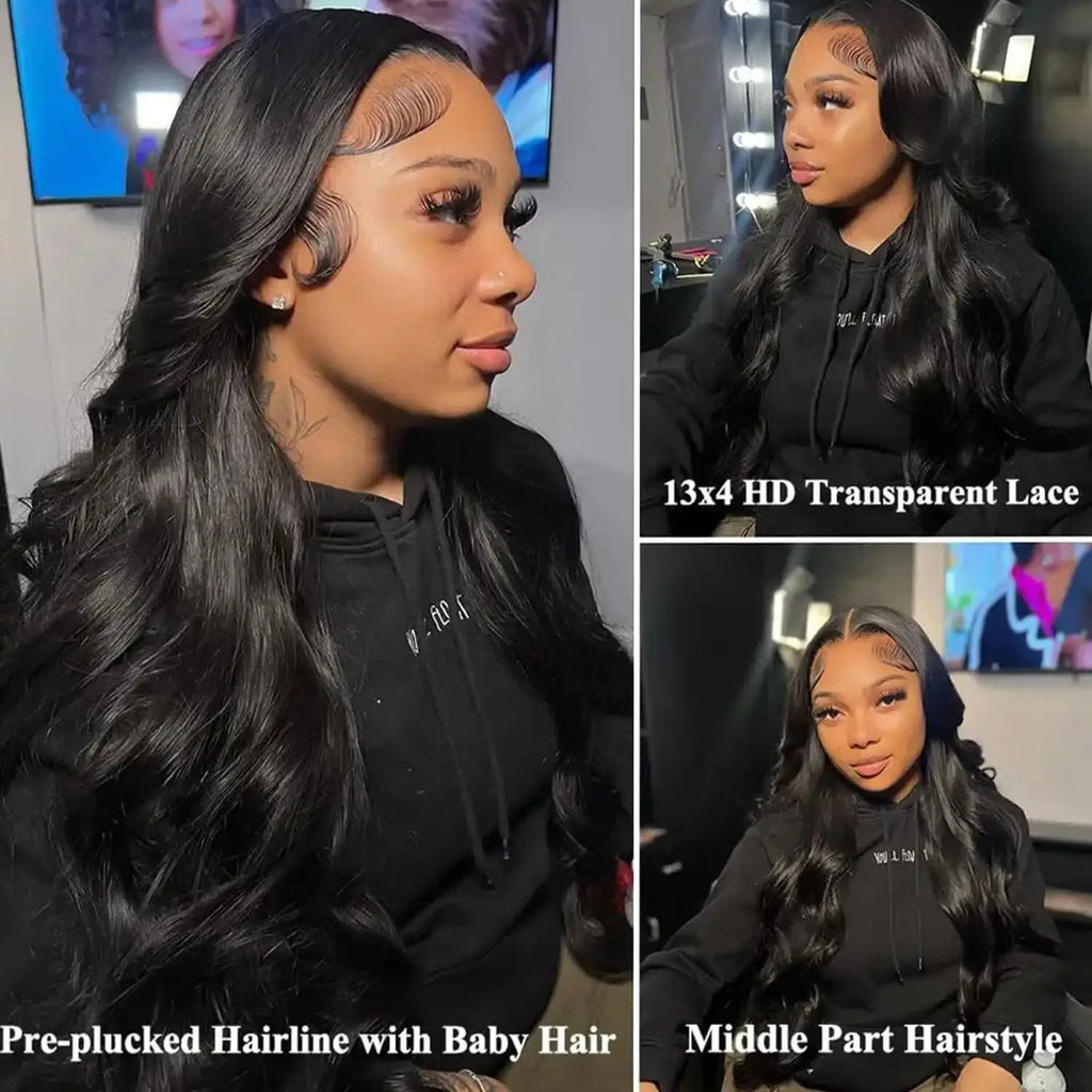 Natural Black Body Wave Remy Human Hair Wigs Lace Front Wig Pre Plucked Hairline 180% Density HD Transparent Lace Frontal Wig-2