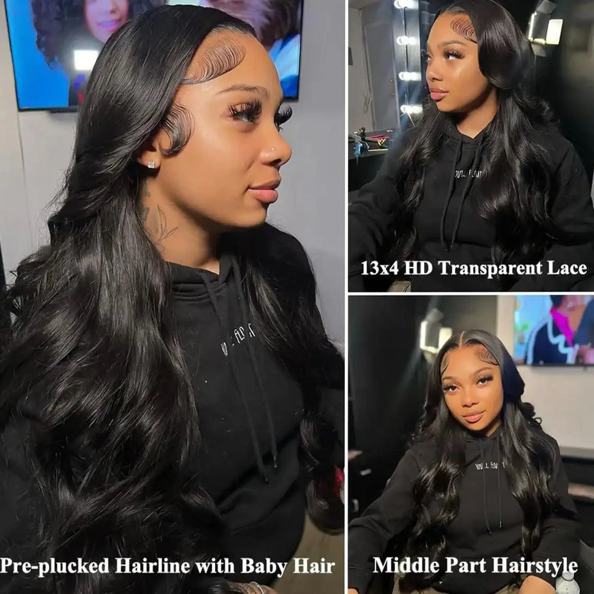 Natural Black Body Wave Remy Human Hair Wigs Lace Front Wig Pre Plucked Hairline 180% Density HD Transparent Lace Frontal Wig-2