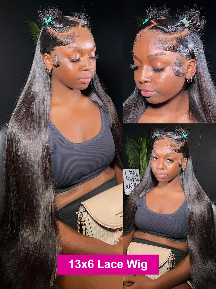 Brazilian 100% Human Hair Wigs 4x4 Glueless Put on and Go Wig 40 Inch 13x4 HD Transparent Bone Straight Lace Frontal Wigs 13x4 Pre Plucked Human Hair Wigs 250 Density for Women-1