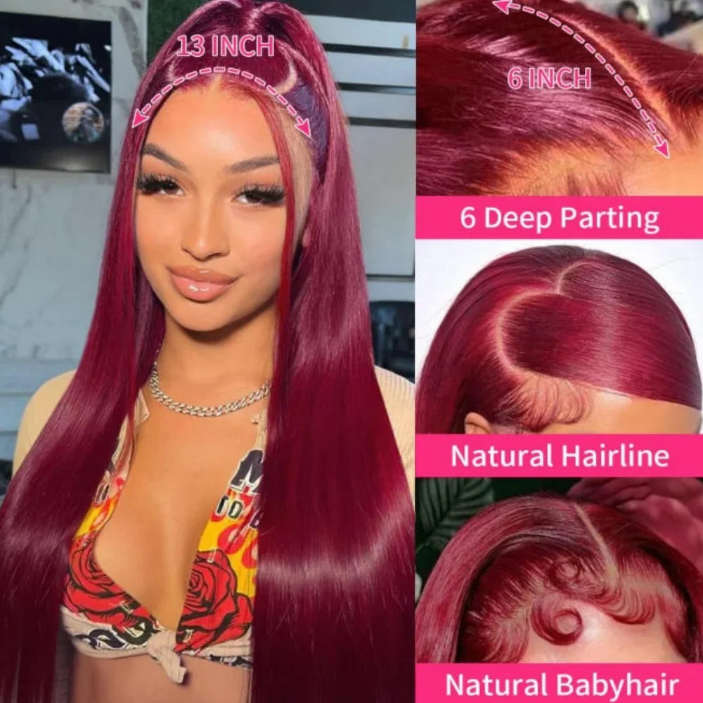 34 Inch 99J Burgundy Straight Brazilian Human Hair Wig 13x4 HD Transparent Lace Frontal Wig Pre Plucked Natural Hairline For Women-2
