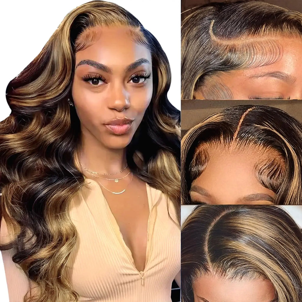 Ombre Highlight 13X6 Body Wave Lace Front Wigs Human Hair 1B/30 Brown Colored HD Transparent Lace Frontal Wigs Pre Plucked 180% Density 30 Inch Balayage Glueless Wig for Women-4