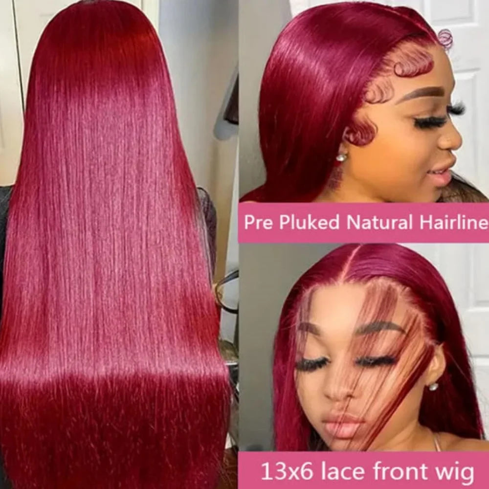 34 Inch 99J Burgundy Straight Brazilian Human Hair Wig 13x4 HD Transparent Lace Frontal Wig Pre Plucked Natural Hairline For Women-4