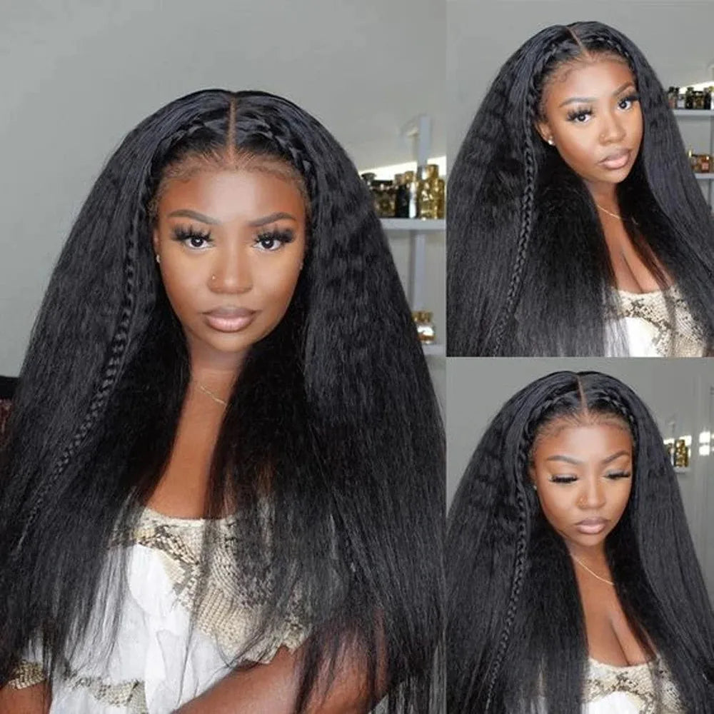 40 42 Inch Kinky Straight Lace Front Wig Pre Plucked Yaki Straigh HD 13X4 Lace Frontal Wig 4C Edges Curly Human Hair Wigs-4