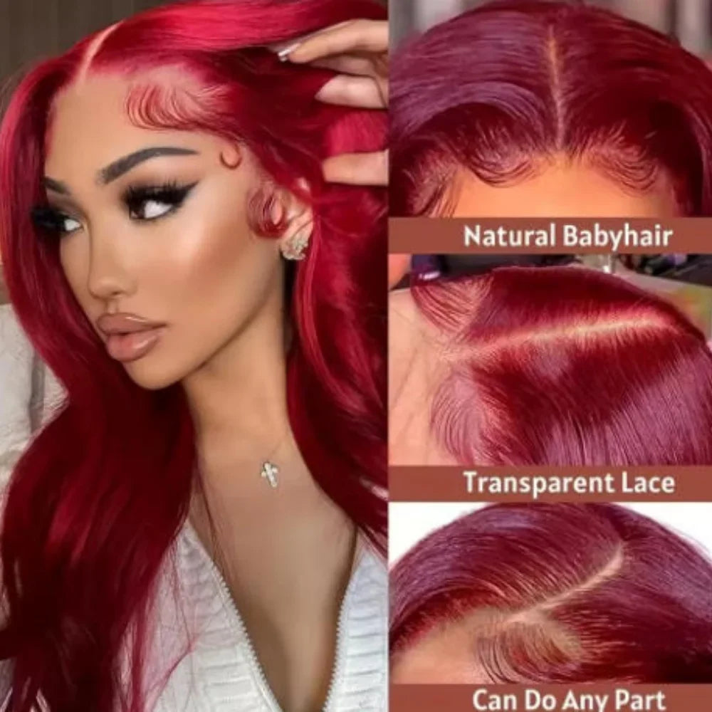 34 Inch 99J Burgundy Straight Brazilian Human Hair Wig 13x4 HD Transparent Lace Frontal Wig Pre Plucked Natural Hairline For Women-0
