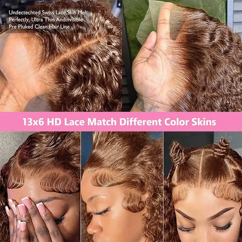Chocolate Brown Colored 220% Density 36 Inch Chocolate Brown 13x6 13x4 HD Transparent Lace Front Wigs Human Hair Curly Deep Wave Brazilian Transparent Lace Frontal Wig For Women Human Hair #4 Colored Wigs Pre-Plucked Prebleac-4