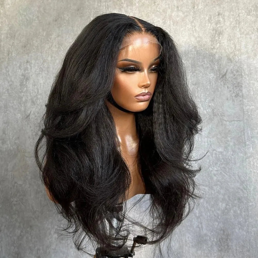 40 42 Inch Kinky Straight Lace Front Wig Pre Plucked Yaki Straigh HD 13X4 Lace Frontal Wig 4C Edges Curly Human Hair Wigs-0