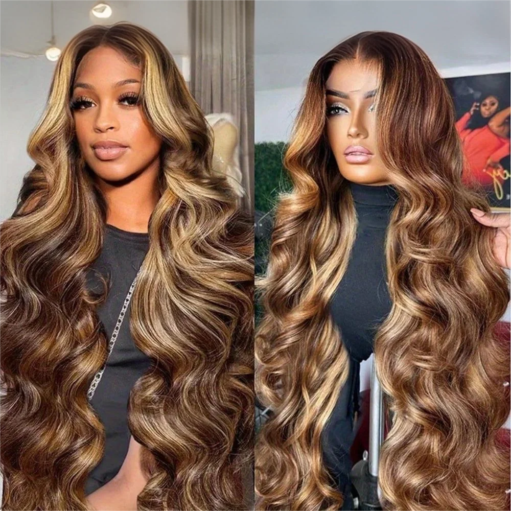30 Inch Honey Blonde Ombre Lace Front Wig Human Hair 13x4 HD Lace Front Wig 4/27 Highlight Ombre Body Wave Lace Frontal Glueless-2