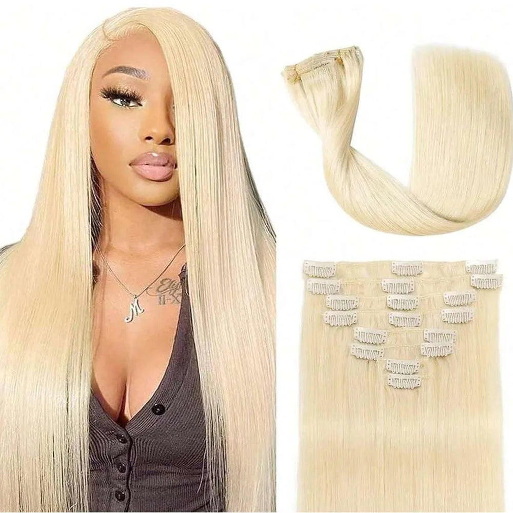 8pcs Clip In Hair Extensions Real Human Hair Clip Ins Human Hair Extension With 18 Clips Double Weft For Women Blonde Color #613-0