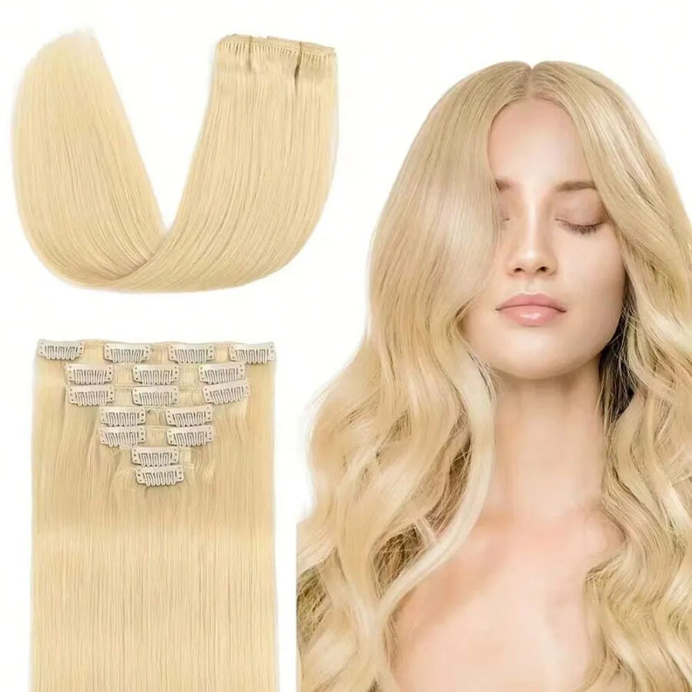 8pcs Clip In Hair Extensions Real Human Hair Clip Ins Human Hair Extension With 18 Clips Double Weft For Women Blonde Color #613-2