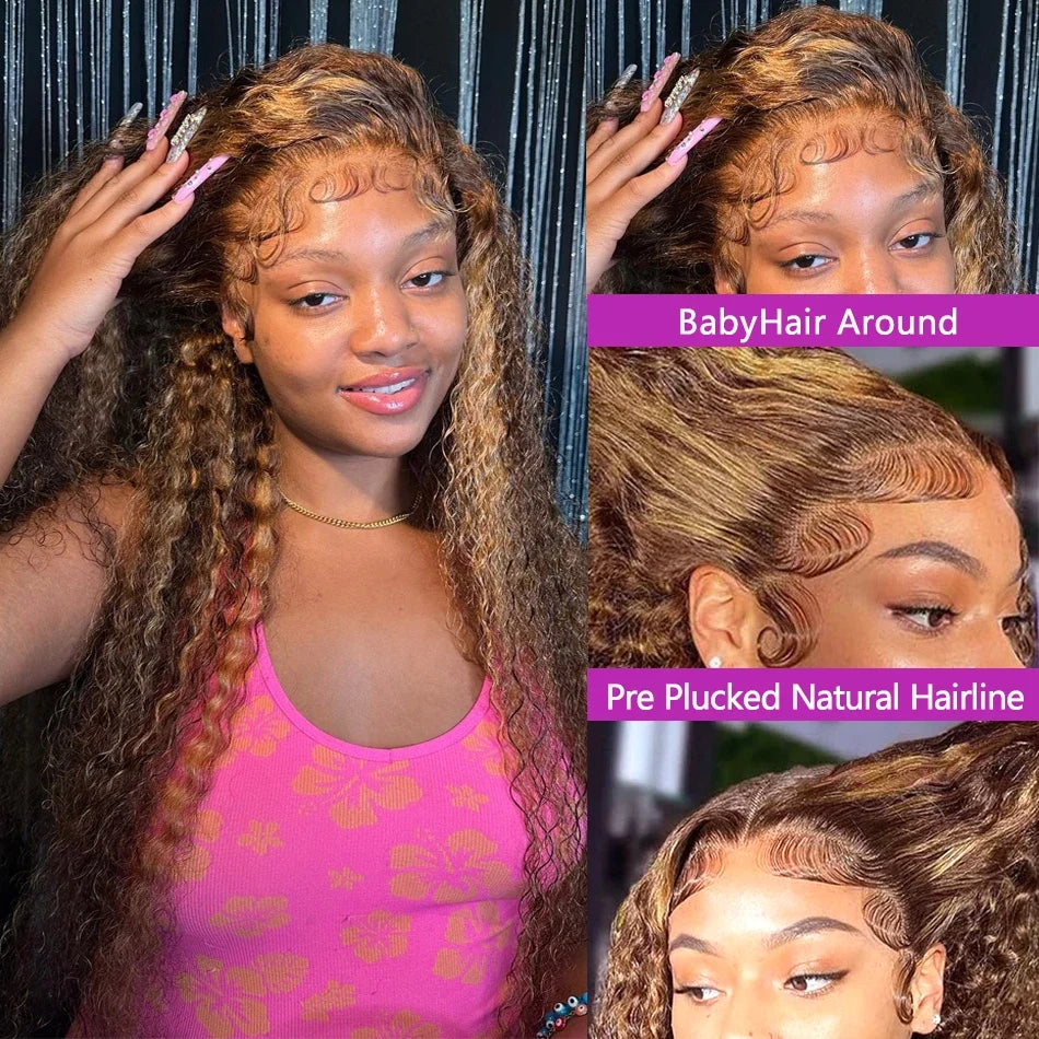 30 Inch 250 Density Highlight Honey Brown Curly Lace Front Human Hair Wigs 13x6 13x4 Ombre Colored Deep Wave Lace Frontal Wig-3