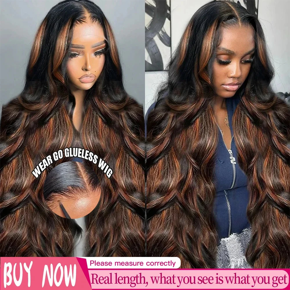 Ombre Highlight 13X6 Body Wave Lace Front Wigs Human Hair 1B/30 Brown Colored HD Transparent Lace Frontal Wigs Pre Plucked 180% Density 30 Inch Balayage Glueless Wig for Women-0