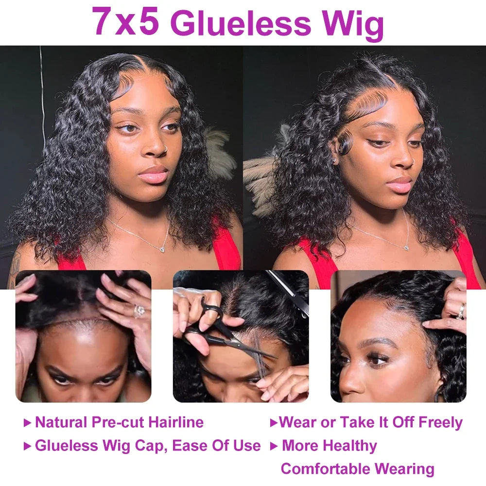 No Glue Deep Wave Lace Frontal Wigs For Women 13x4 7x5 Glueless Bob Wig Curly Human Hair Wigs 250 Density Ready to Wear-4