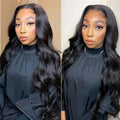 Natural Black Body Wave Remy Human Hair Wigs Lace Front Wig Pre Plucked Hairline 180% Density HD Transparent Lace Frontal Wig-0