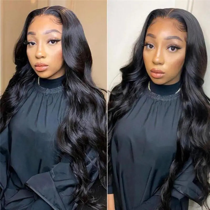 Natural Black Body Wave Remy Human Hair Wigs Lace Front Wig Pre Plucked Hairline 180% Density HD Transparent Lace Frontal Wig-0