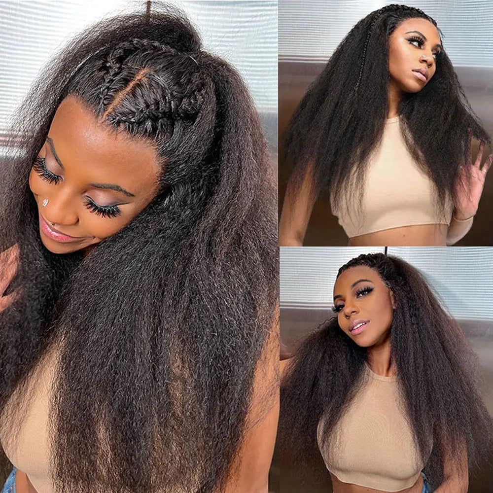40 42 Inch Kinky Straight Lace Front Wig Pre Plucked Yaki Straigh HD 13X4 Lace Frontal Wig 4C Edges Curly Human Hair Wigs-2