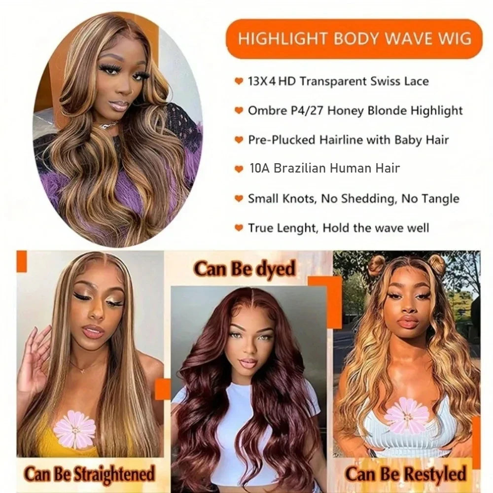 30 Inch Honey Blonde Ombre Lace Front Wig Human Hair 13x4 HD Lace Front Wig 4/27 Highlight Ombre Body Wave Lace Frontal Glueless-4