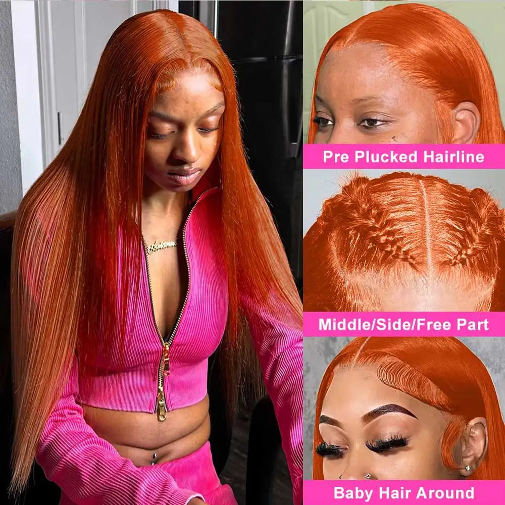 30 Inch Orange Ginger Straight Lace Front Wigs Human Hair 350 Colored Brazilian 13X4 HD Transparent Lace Frontal Wigs For Women-3