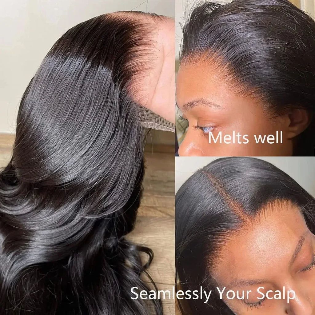 Natural Black Body Wave Remy Human Hair Wigs Lace Front Wig Pre Plucked Hairline 180% Density HD Transparent Lace Frontal Wig-1