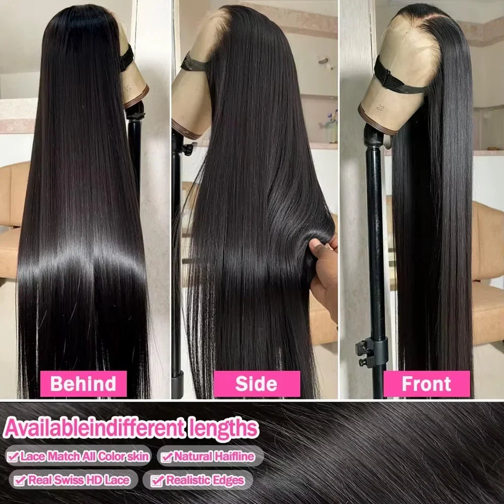 Brazilian 100% Human Hair Wigs 4x4 Glueless Put on and Go Wig 40 Inch 13x4 HD Transparent Bone Straight Lace Frontal Wigs 13x4 Pre Plucked Human Hair Wigs 250 Density for Women-2