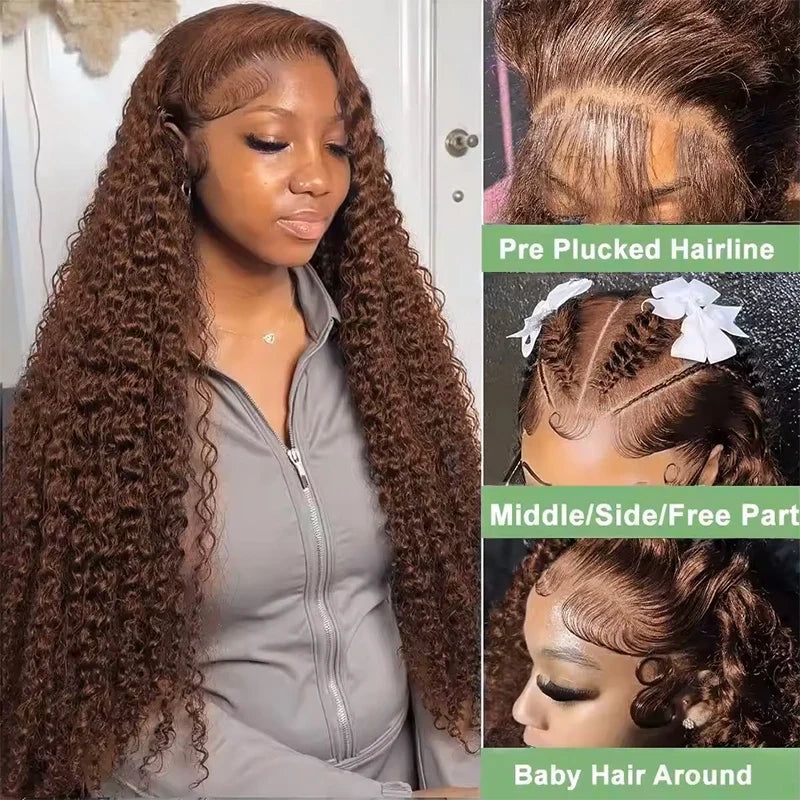 Chocolate Brown Colored 220% Density 36 Inch Chocolate Brown 13x6 13x4 HD Transparent Lace Front Wigs Human Hair Curly Deep Wave Brazilian Transparent Lace Frontal Wig For Women Human Hair #4 Colored Wigs Pre-Plucked Prebleac-3