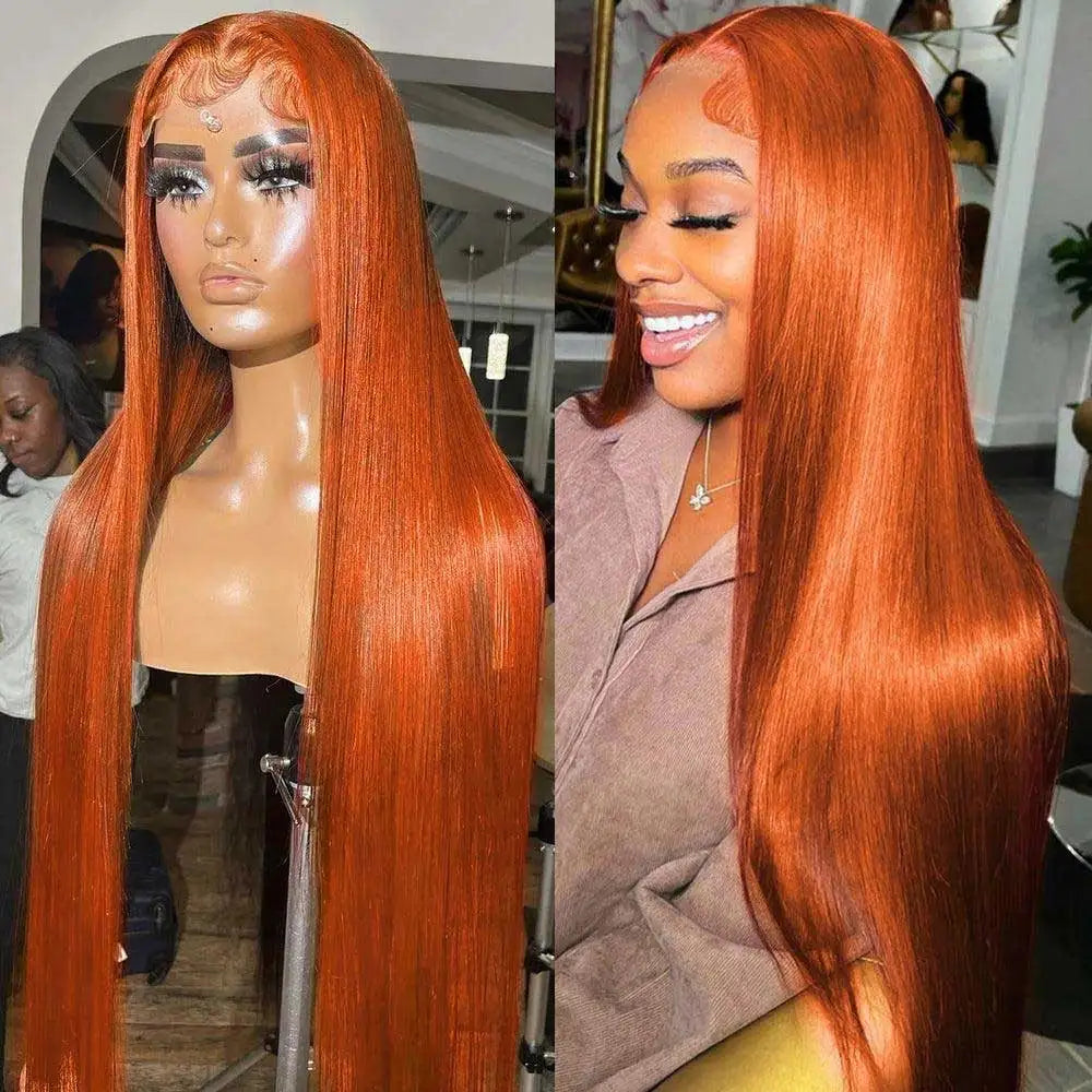 30 Inch Orange Ginger Straight Lace Front Wigs Human Hair 350 Colored Brazilian 13X4 HD Transparent Lace Frontal Wigs For Women-1