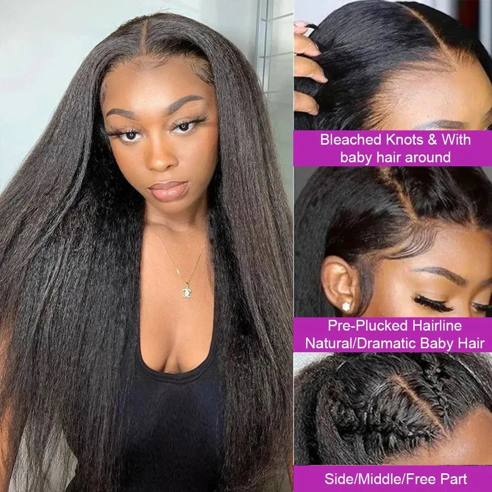 40 42 Inch Kinky Straight Lace Front Wig Pre Plucked Yaki Straigh HD 13X4 Lace Frontal Wig 4C Edges Curly Human Hair Wigs-1