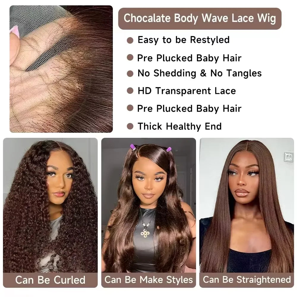 13x6 Chocolate Brown HD Lace Front Human Hair Wigs Body Wave Human Hair Wig 46 Inch 200Density Colored Human Hair Wigs For Women-3