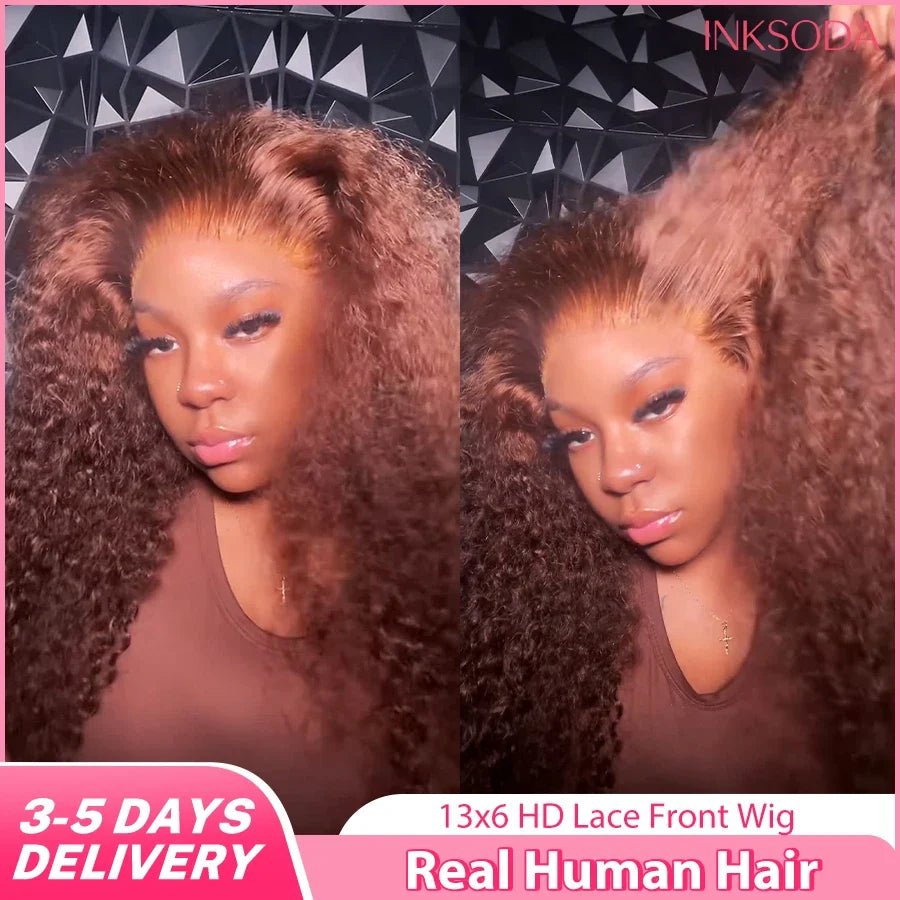 Chocolate Brown Colored 220% Density 36 Inch Chocolate Brown 13x6 13x4 HD Transparent Lace Front Wigs Human Hair Curly Deep Wave Brazilian Transparent Lace Frontal Wig For Women Human Hair #4 Colored Wigs Pre-Plucked Prebleac-0