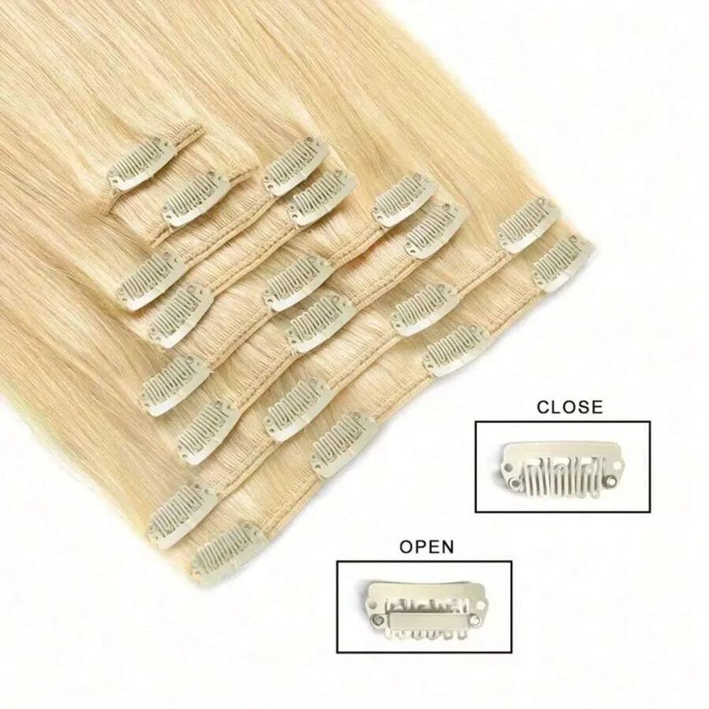 8pcs Clip In Hair Extensions Real Human Hair Clip Ins Human Hair Extension With 18 Clips Double Weft For Women Blonde Color #613-3