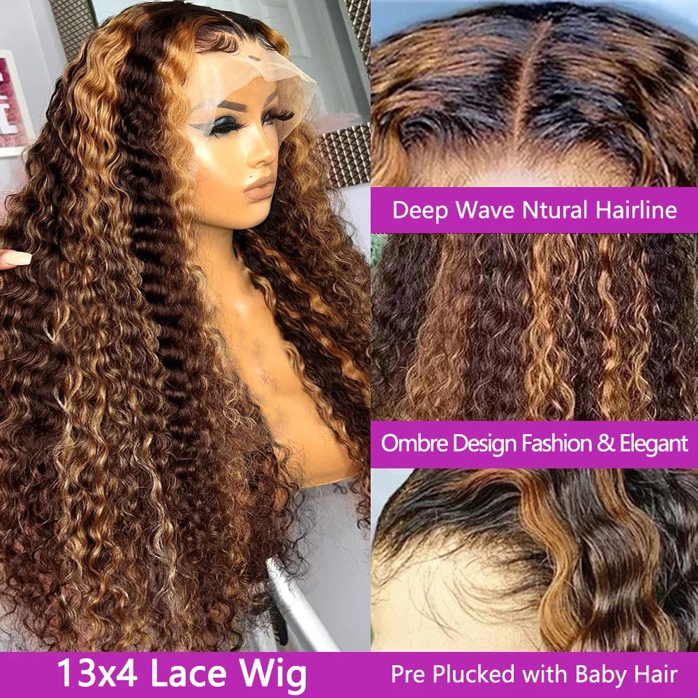 30 Inch 250 Density Highlight Honey Brown Curly Lace Front Human Hair Wigs 13x6 13x4 Ombre Colored Deep Wave Lace Frontal Wig-2