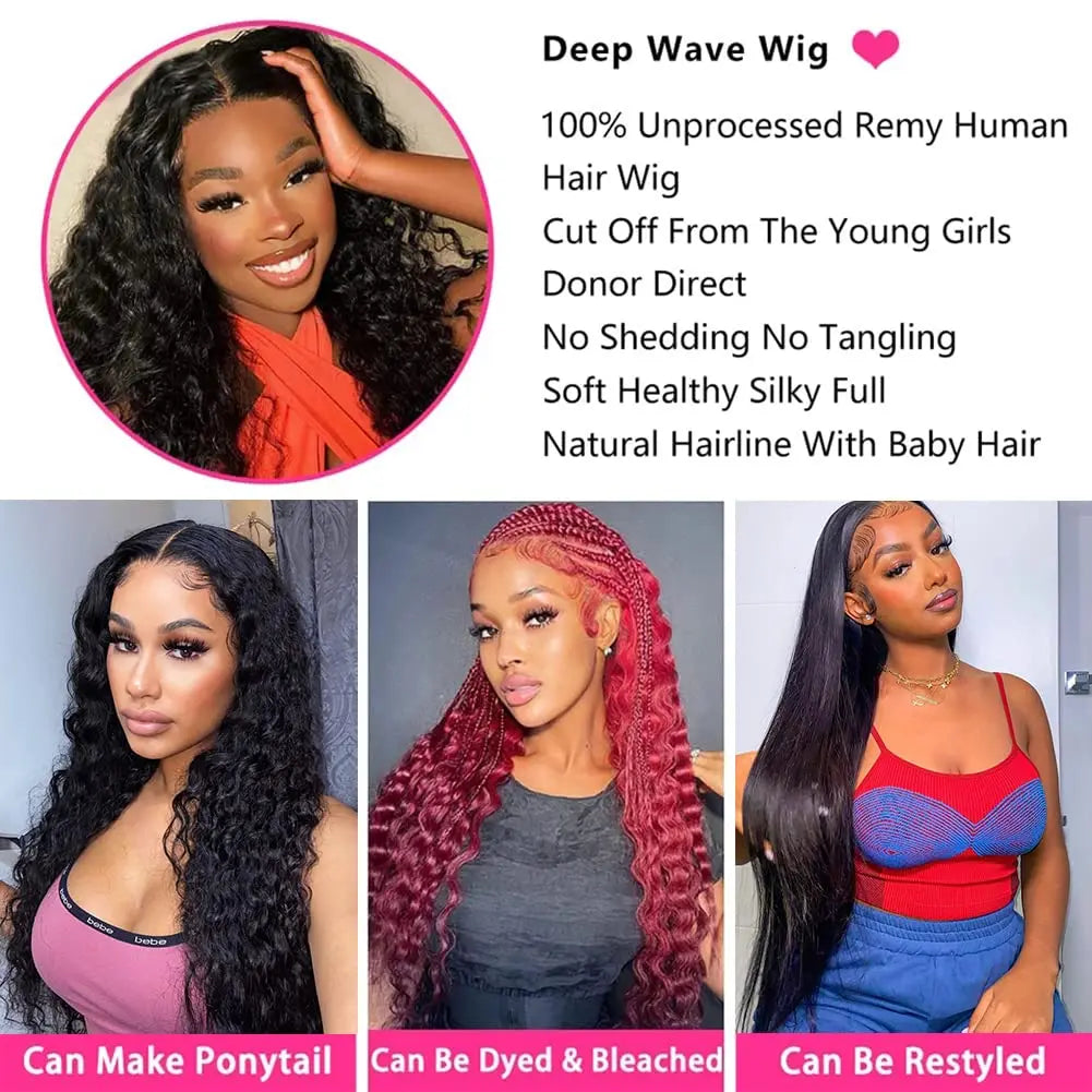 13x4 Deep Wave Lace Front Wig Human Hair 13x6 HD Lace Frontal Wig with Baby Hair Brazilian 180% Density Pre Plucked Glueless Wig-2