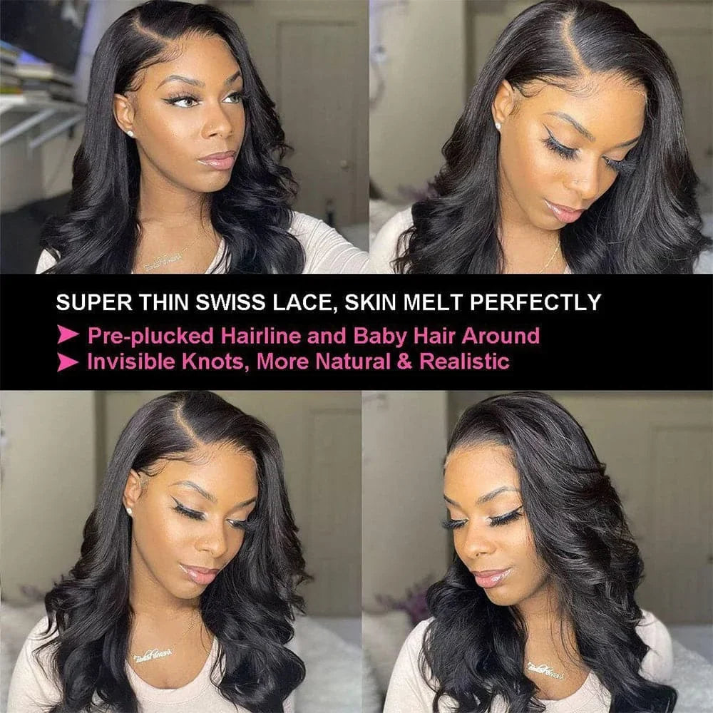Natural Black Body Wave Remy Human Hair Wigs Lace Front Wig Pre Plucked Hairline 180% Density HD Transparent Lace Frontal Wig-3