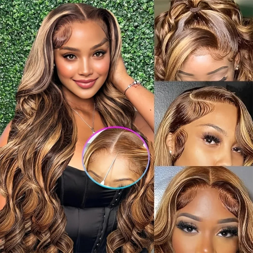 30 Inch Honey Blonde Ombre Lace Front Wig Human Hair 13x4 HD Lace Front Wig 4/27 Highlight Ombre Body Wave Lace Frontal Glueless-3