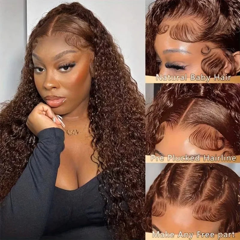 Chocolate Brown Colored 220% Density 36 Inch Chocolate Brown 13x6 13x4 HD Transparent Lace Front Wigs Human Hair Curly Deep Wave Brazilian Transparent Lace Frontal Wig For Women Human Hair #4 Colored Wigs Pre-Plucked Prebleac-2