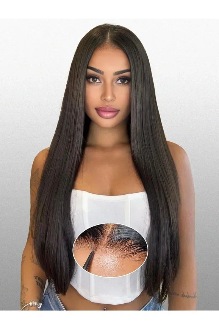 Lace Front Wigs Human Hair 42 Inch 12A Virgin Straight Human Hair Wig 200 Density Soft 13x6 Lace Front Wigs Human Hair Pre Plucked Invisilbe Hairline Glueless HD Frontal Wig Natural Black-2