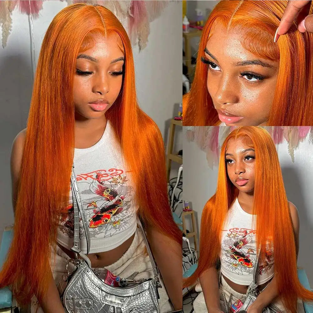 30 Inch Orange Ginger Straight Lace Front Wigs Human Hair 350 Colored Brazilian 13X4 HD Transparent Lace Frontal Wigs For Women-4