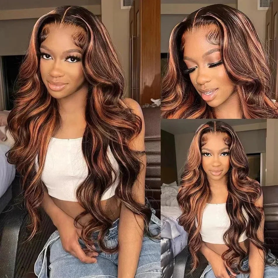 Ombre Highlight 13X6 Body Wave Lace Front Wigs Human Hair 1B/30 Brown Colored HD Transparent Lace Frontal Wigs Pre Plucked 180% Density 30 Inch Balayage Glueless Wig for Women-3