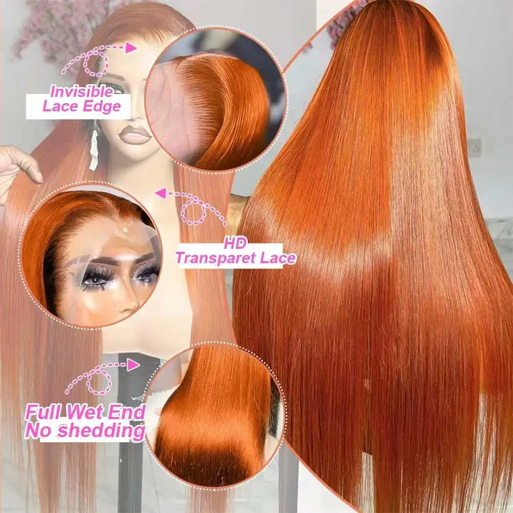 30 Inch Orange Ginger Straight Lace Front Wigs Human Hair 350 Colored Brazilian 13X4 HD Transparent Lace Frontal Wigs For Women-2