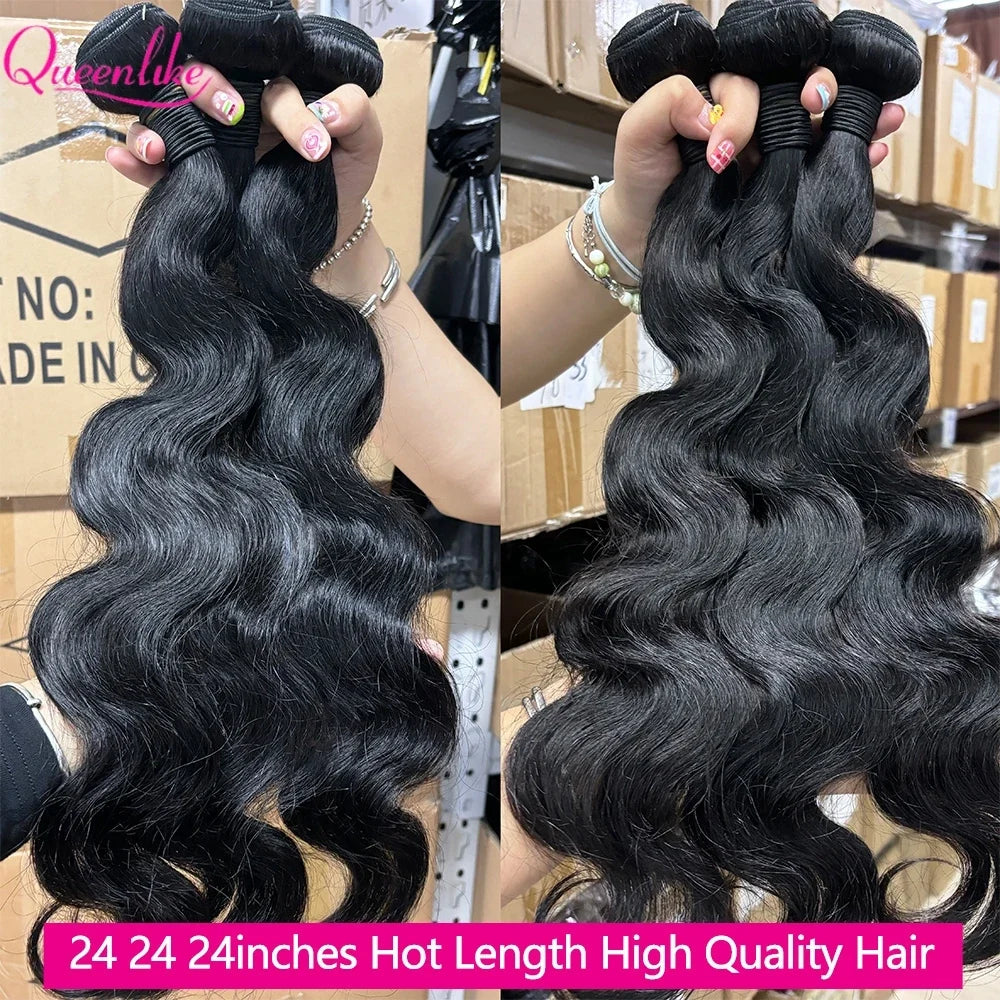 Queenlike 24 24 24 Inch Body Wave Bundles Human Hair 12A Brazilian Raw Hair Weave Bundles 1/3 PCS Human Hair Bundles Extensions-0