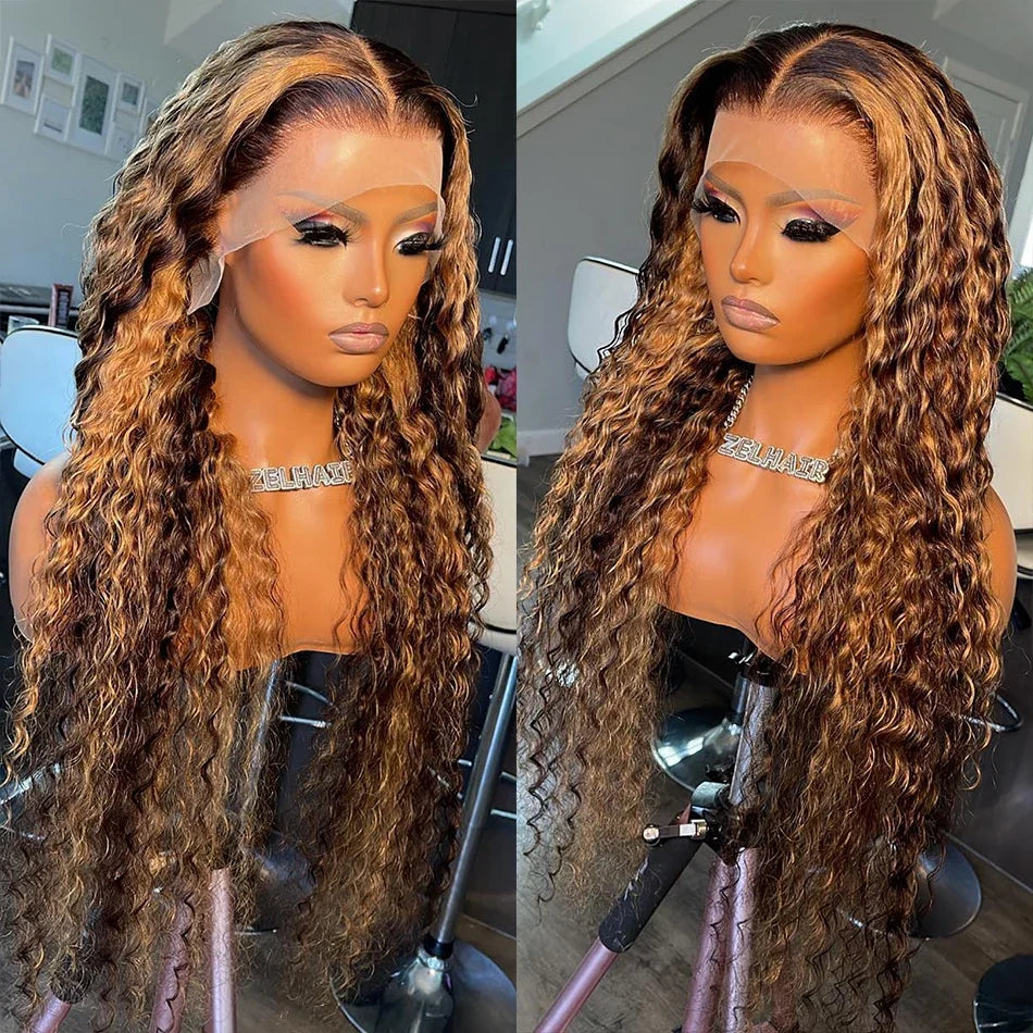 30 Inch 250 Density Highlight Honey Brown Curly Lace Front Human Hair Wigs 13x6 13x4 Ombre Colored Deep Wave Lace Frontal Wig-1