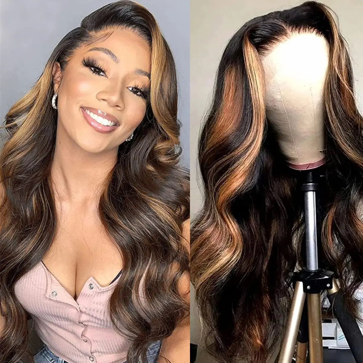 Ombre Highlight 13X6 Body Wave Lace Front Wigs Human Hair 1B/30 Brown Colored HD Transparent Lace Frontal Wigs Pre Plucked 180% Density 30 Inch Balayage Glueless Wig for Women-1