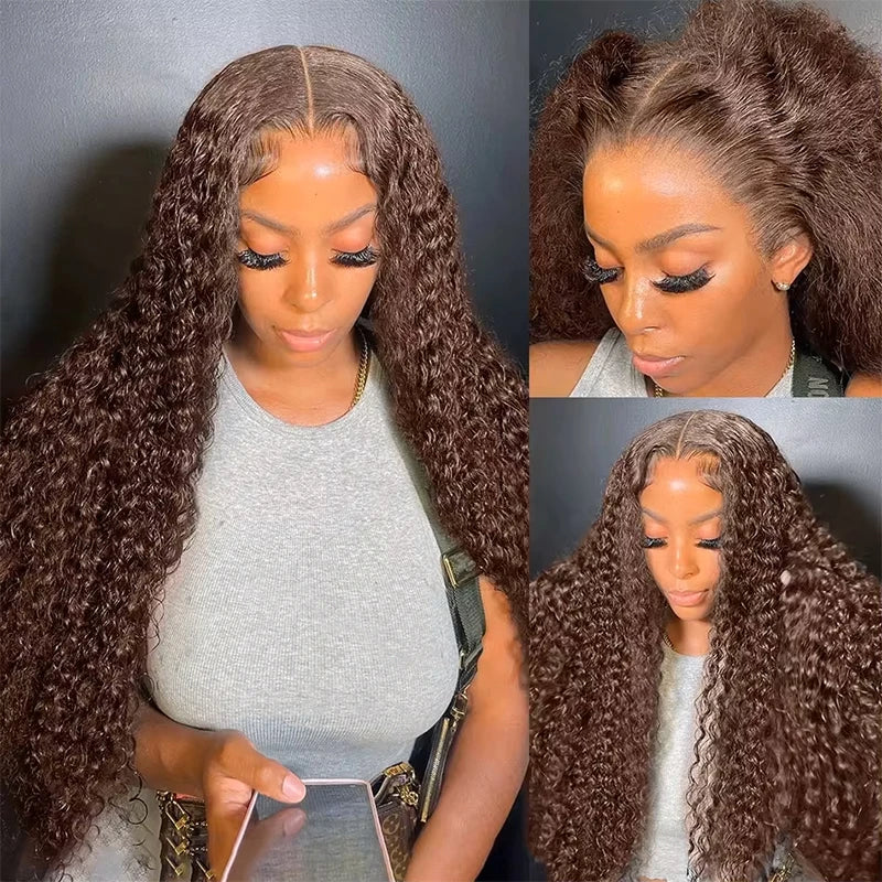 Chocolate Brown Colored 220% Density 36 Inch Chocolate Brown 13x6 13x4 HD Transparent Lace Front Wigs Human Hair Curly Deep Wave Brazilian Transparent Lace Frontal Wig For Women Human Hair #4 Colored Wigs Pre-Plucked Prebleac-1
