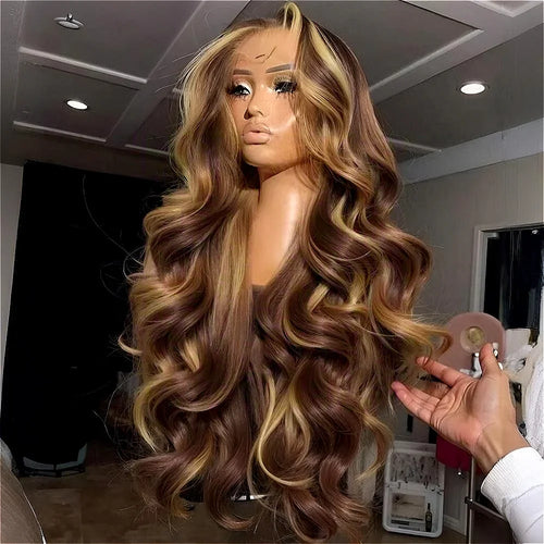 30 Inch Honey Blonde Ombre Lace Front Wig Human Hair 13x4 HD Lace Front Wig 4/27 Highlight Ombre Body Wave Lace Frontal Glueless-0